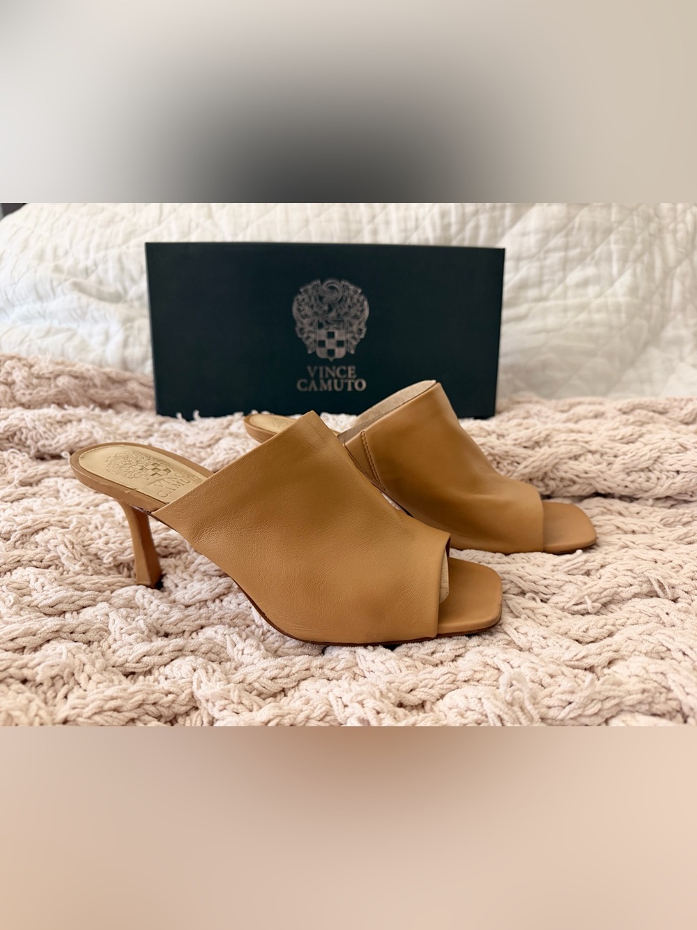 Vince Camuto Tan Leather Open-Side Peep-Toe Mule Heels